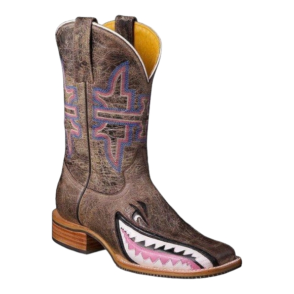 TIN HAUL "Man Eater" shark distressed leather cowgirl boots square toe sz 9.5 - Picture 3 of 16